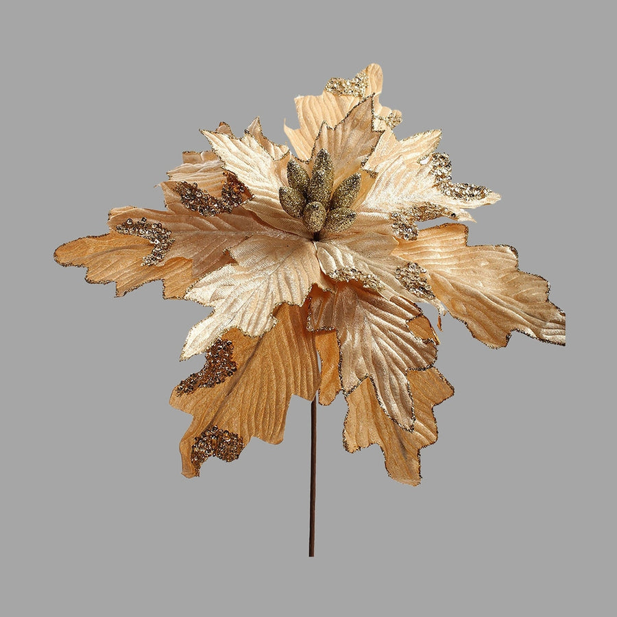 Pezsgőszínű bársonyból készült dekoratív mű mikulásvirág.