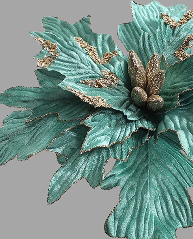 türkizszínű bársonyból készült dekoratív mű mikulásvirág 