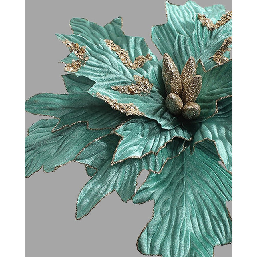 türkizszínű bársonyból készült dekoratív mű mikulásvirág