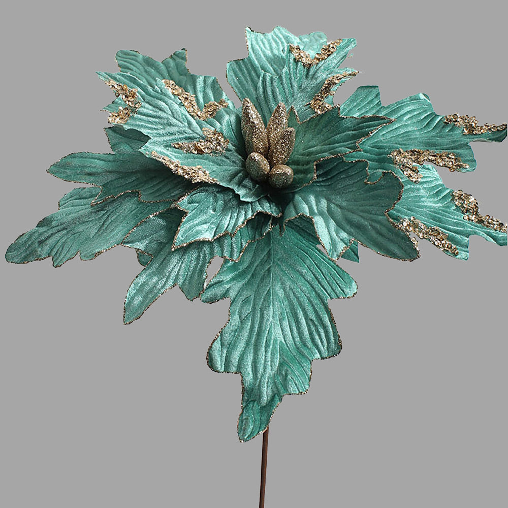 türkizszínű bársonyból készült dekoratív mű mikulásvirág 