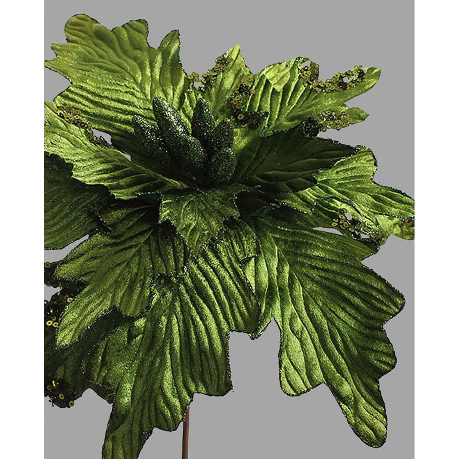 Zöld színű bársonyból készült dekoratív mű mikulásvirág.