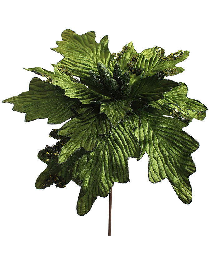 Zöld színű bársonyból készült dekoratív mű mikulásvirág.