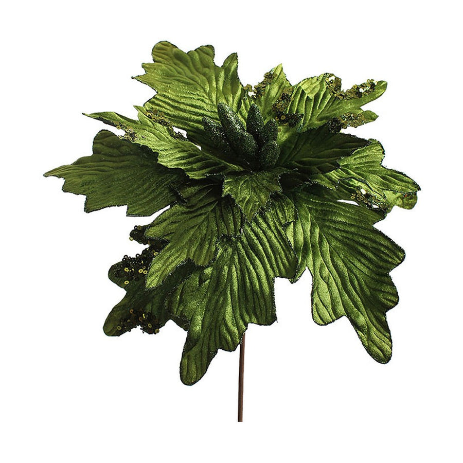 Zöld színű bársonyból készült dekoratív mű mikulásvirág.