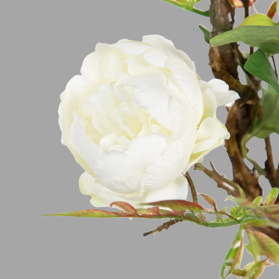 Krémszínű bazsarózsákból készült girland műnövény.