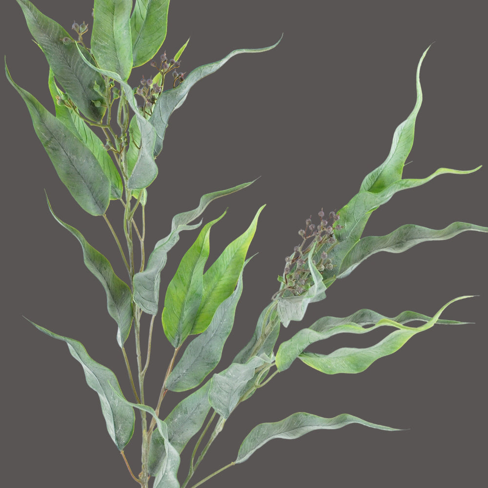 Hamvaszöld színárnyalatú, terméssel díszített eukaliptusz ág műnövény.