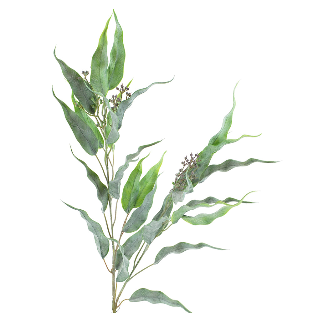 Hamvaszöld színárnyalatú, terméssel díszített eukaliptusz ág műnövény.