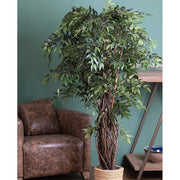 Dús lombozatú, mű fikusz cserje, fekete műanyag kaspóban.