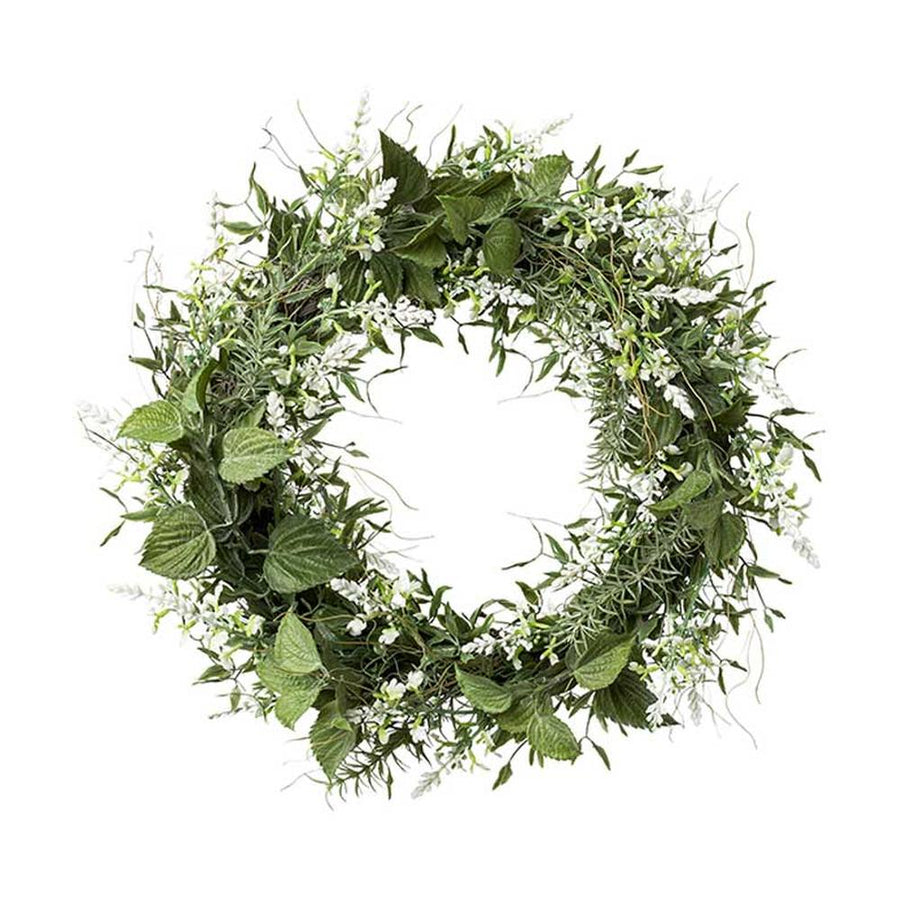 Fehér virágzatú mű levendula koszorú.