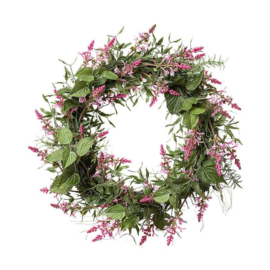 Rózsaszín virágzatú mű levendula koszorú.