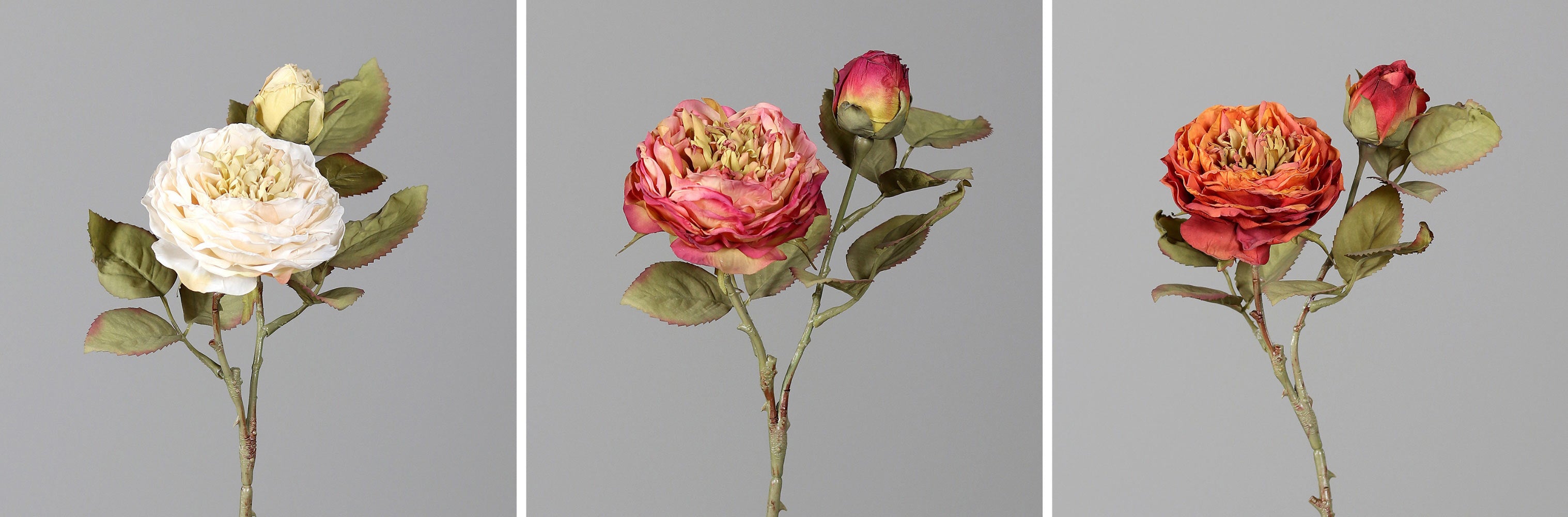 Krém, pink és narancs színű, szárított hatású mű rózsák.