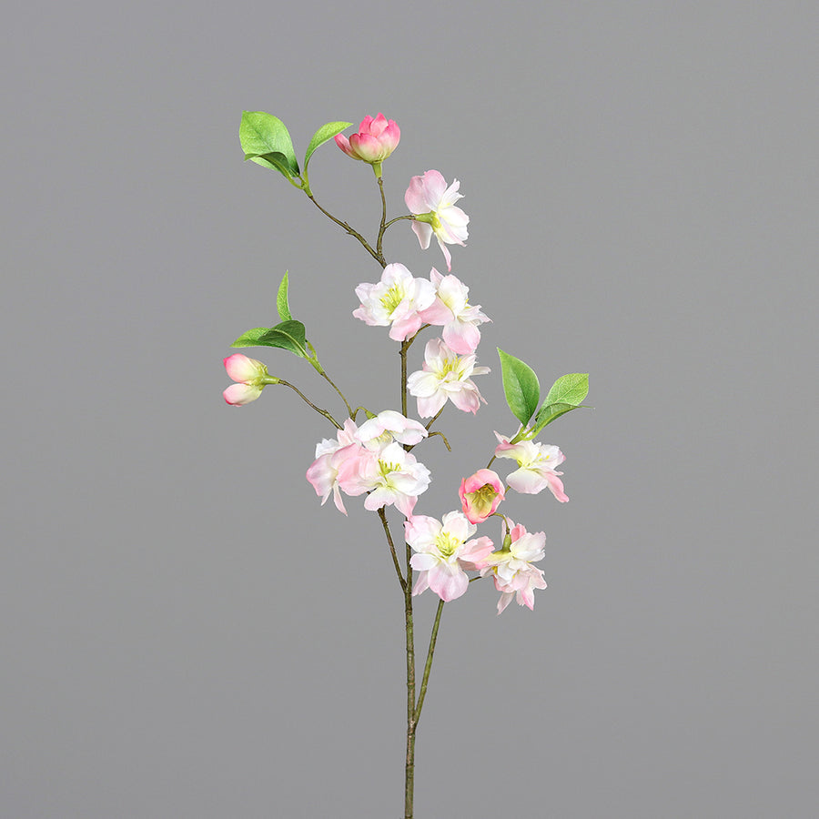 Virágzó mű cseresznyefa ág, halvány rózsaszín színű nyílt és bimbós virágokkal.