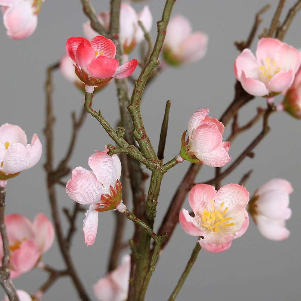 Virágzó mű cseresznyefa ág, rózsaszín színű nyílt és bimbós virágokkal.