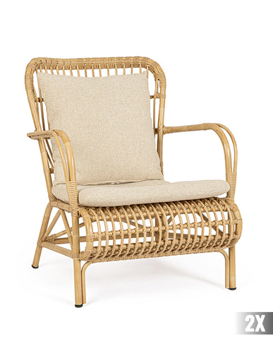 Mediterrán stílusú, natúr, bambuszhatású alumíniumból készült, kerti fotel olefin párnákkal