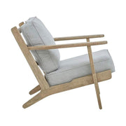 Amerikai tölgyből készült, szürke színű vászonpárnákkal kialakított fotel.