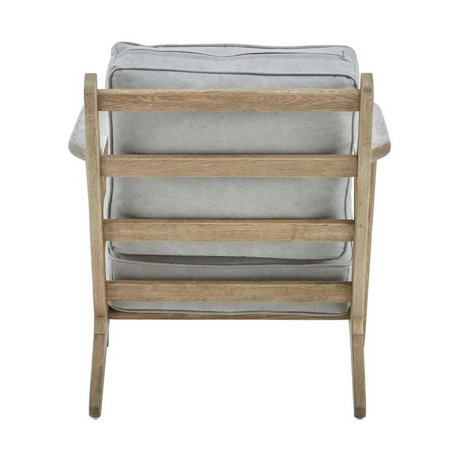 Amerikai tölgyből készült, szürke színű vászonpárnákkal kialakított fotel.