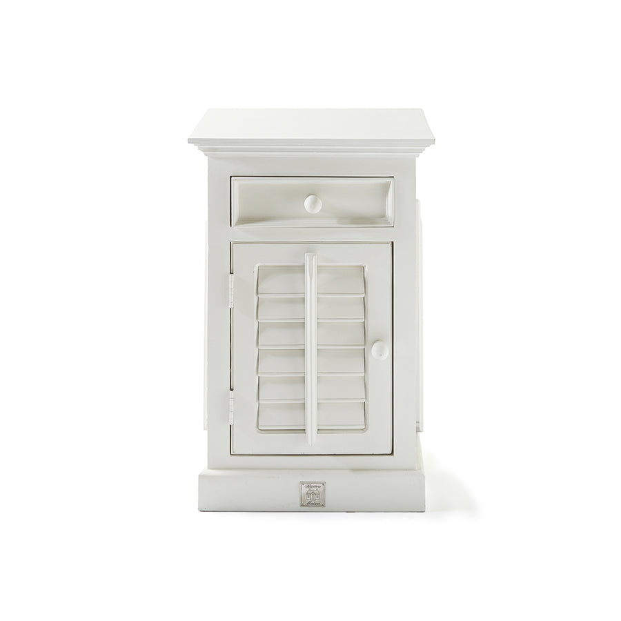 NEW ORLEANS fehér akácfa éjjeliszekrény lamellás ajtóval és fiókkal, balos kivitel 75 cm