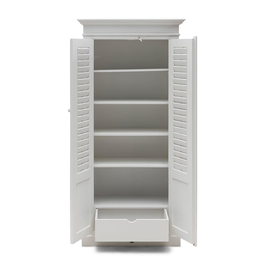 Fehér akácfa szekrény belső polcrendszerrel és fiókkal