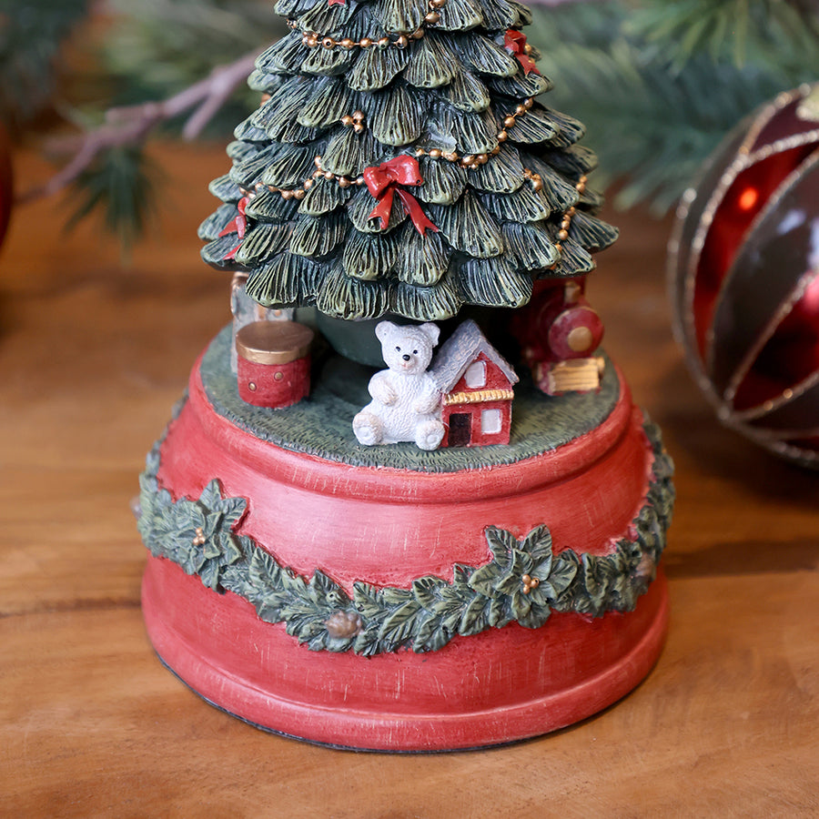 NOÉL zenélő bordó dekor karácsonyfa 18 cm