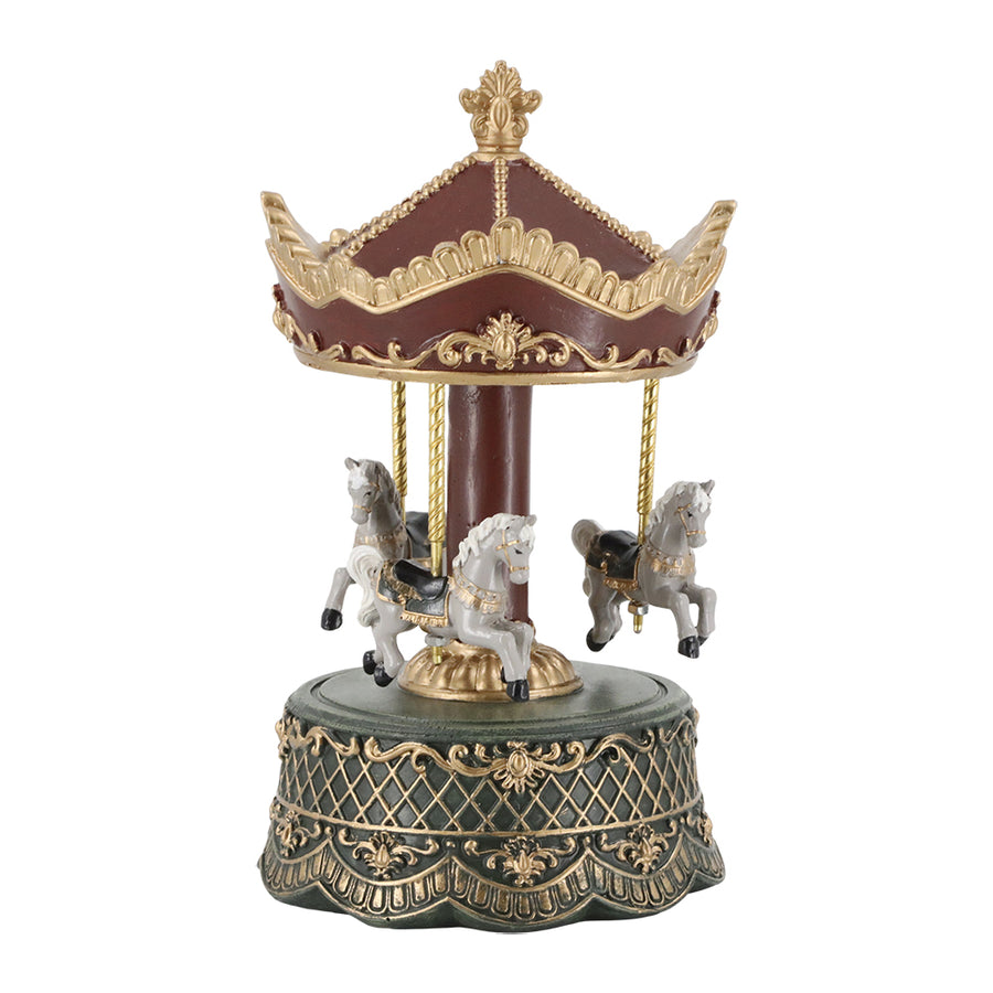 Bordó zenélő karácsonyi körhinta arany díszítéssel és fehér paripákkal
