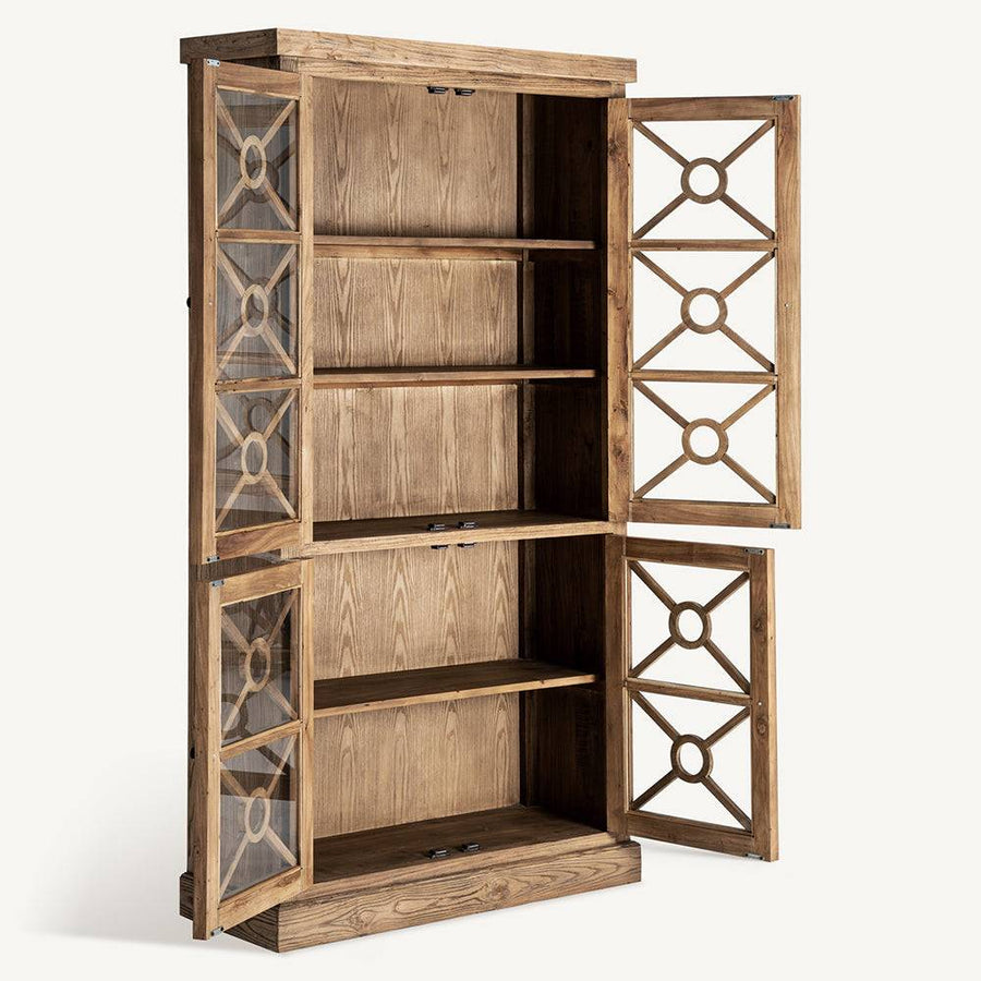 Nyitott ajtós Norvik natúr szilfa vitrines szekrény, belső polcokkal