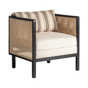 Fekete színre festett mangófából készült, rattan betétes kialakítású, bézs színű szövettel kárpitozott fotel.