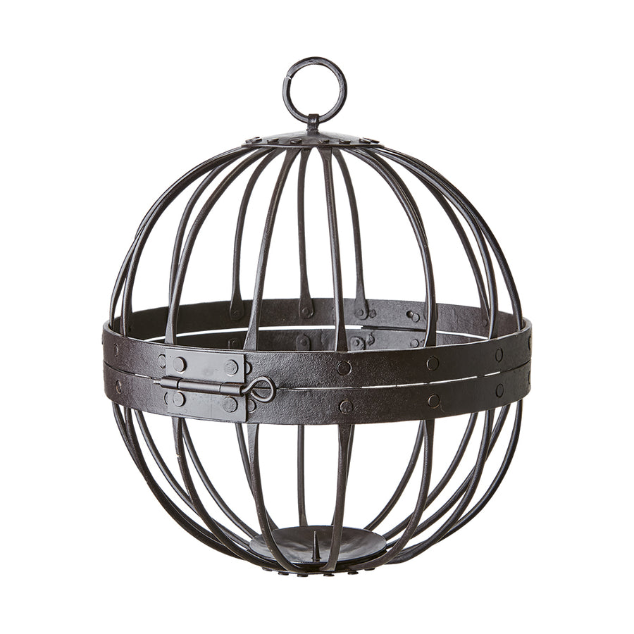 Fekete színű, vasból készült, gömb formájú kézműves lámpás