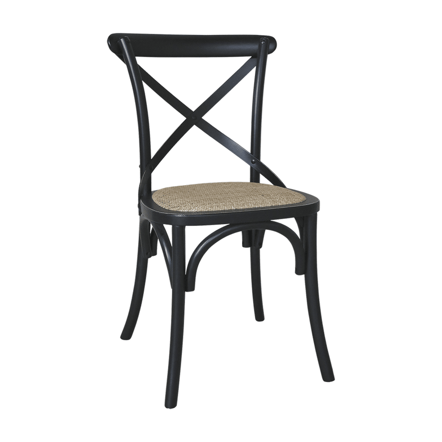 Old French fekete kaucsukfa étkezőszék – Elölnézetből, jól látható az X alakú háttámla és a natúr fonott ülőfelület.