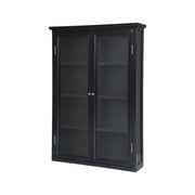 Old French fekete vitrines faliszekrény üvegezett dupla ajtóval, 4 belső polccal, 120 cm magas méretben.