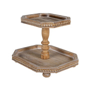 Kézműves süteményes kínáló antikolt fa felülettel és díszes szegéllyel.