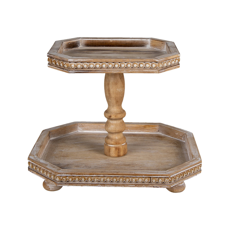 Old French natúr fa süteményes kínáló 2 szintes kivitelben, vintage stílusban.