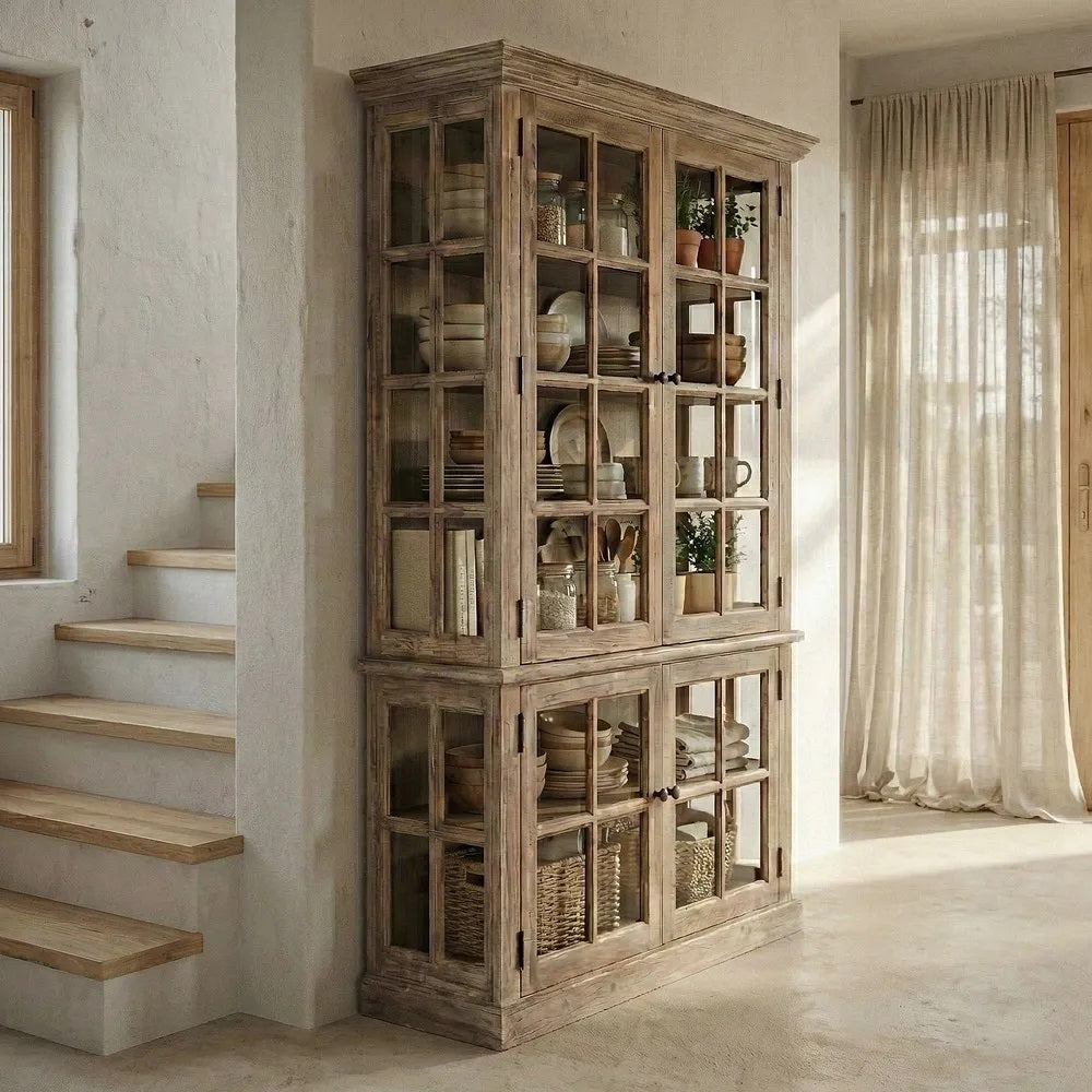 OLD FRENCH natúr fenyőfa vitrines szekrény 195 cm enteriőr fotó nappaliban