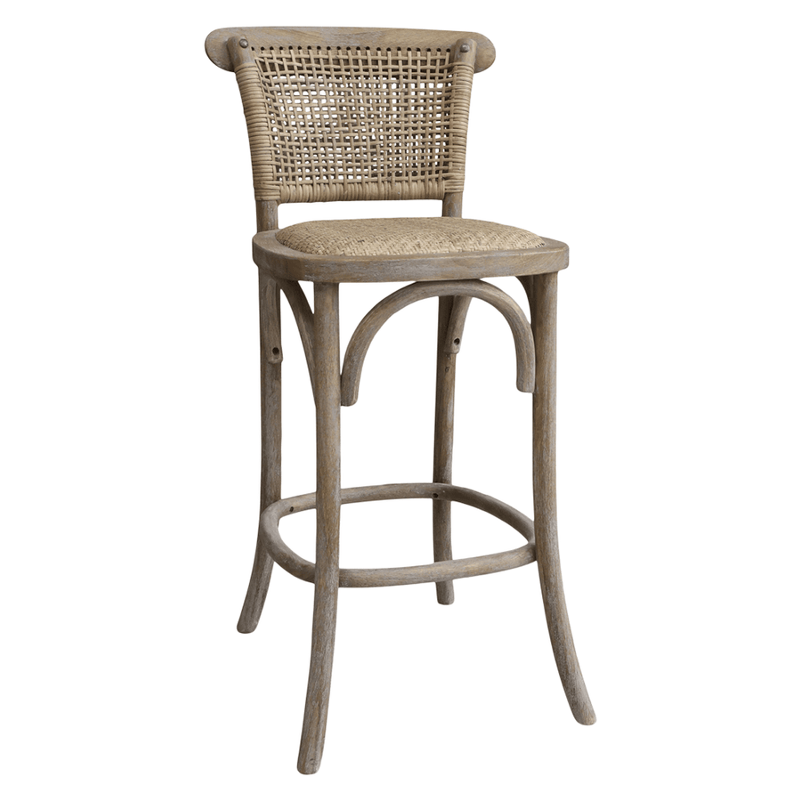 Old French natúr bárszék kaucsukfából és rattannal, elölnézeti fotó fehér háttérrel