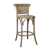 Alacsonyabb Old French bárszék kaucsukfából és rattannal, fehér háttér előtt