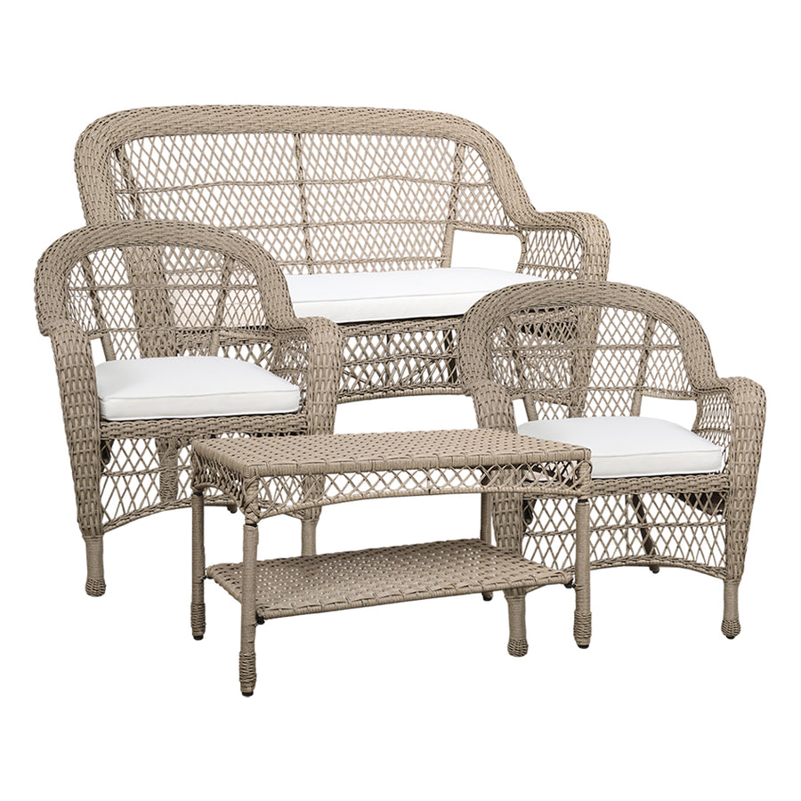 OLD FRENCH natúr műrattan kerti ülőgarnitúra fehér háttéren, kanapéval, két fotellel és asztallal