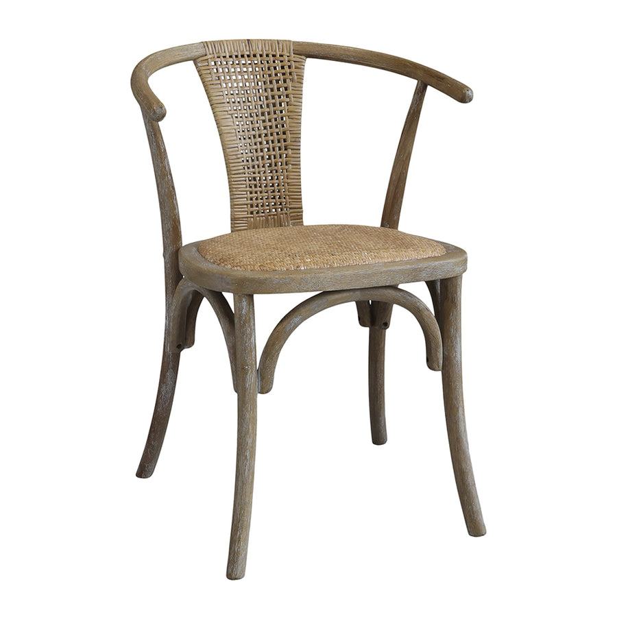 Francia stílusú, kaucsukfából és rattanból készült natúr színű karosszék.