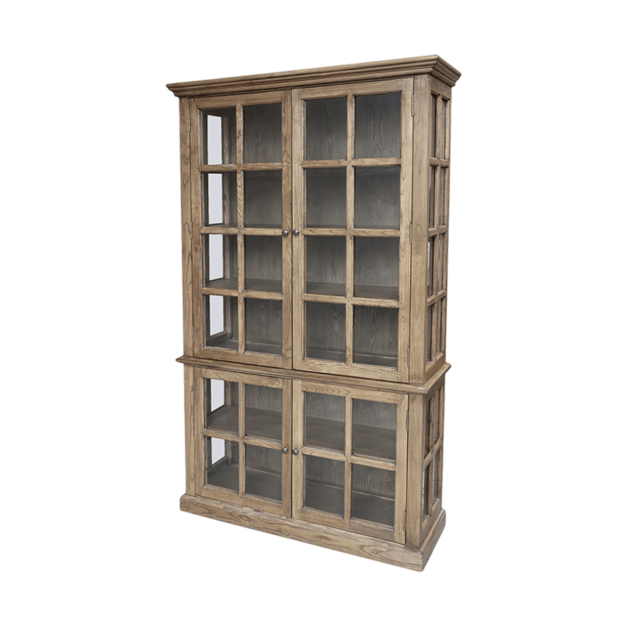 Natúr színű, 8 ajtós vitrines szekrény.