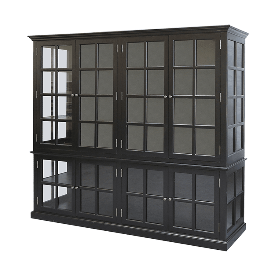 Fekete színű, 8 ajtós vitrines szekrény,