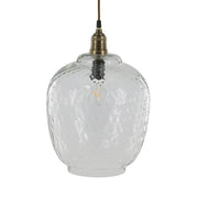 Átlátszó üveg függeszték lámpa domború felületű búrával és réz foglalattal, Old French kollekció, Chic Antique.