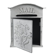 Nyitott állapotú dekor postaláda antik hatású, dombornyomott előlap dizájnnal.