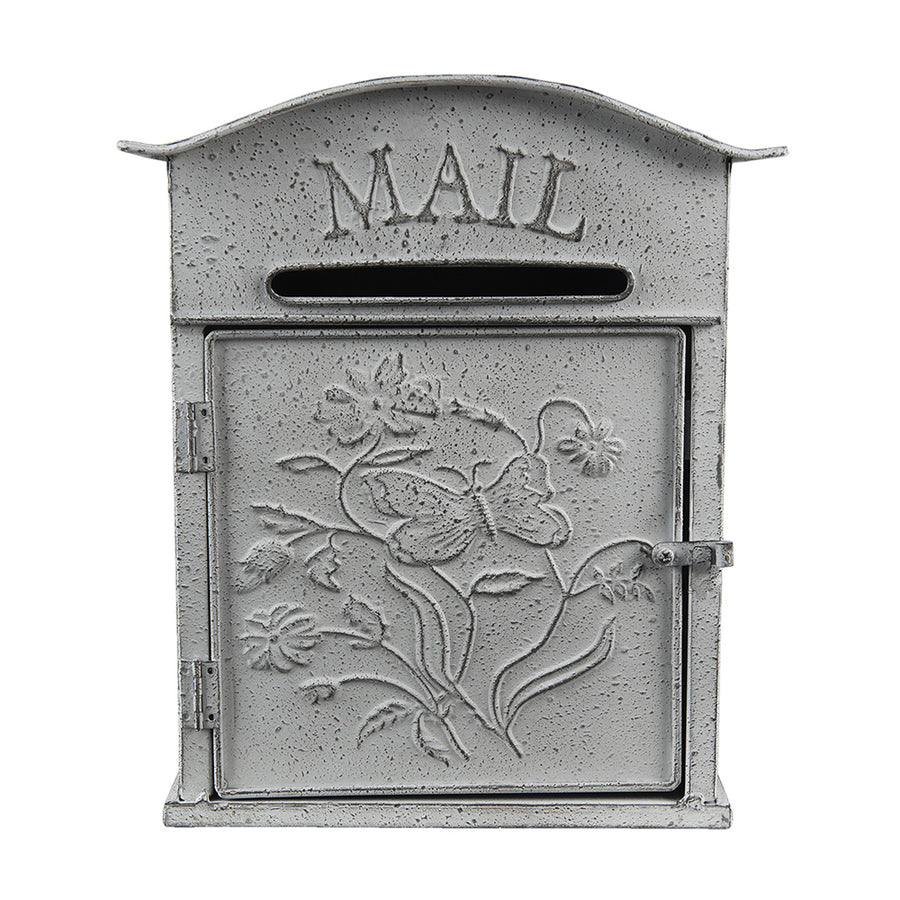 Antik szürke színű fém dekor postaláda pillangó mintával szemből – Old Post kollekció.