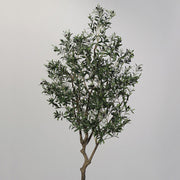 Élethű mű olajfa részletfotó sűrű zöld levelekkel és fekete olajbogyókkal.