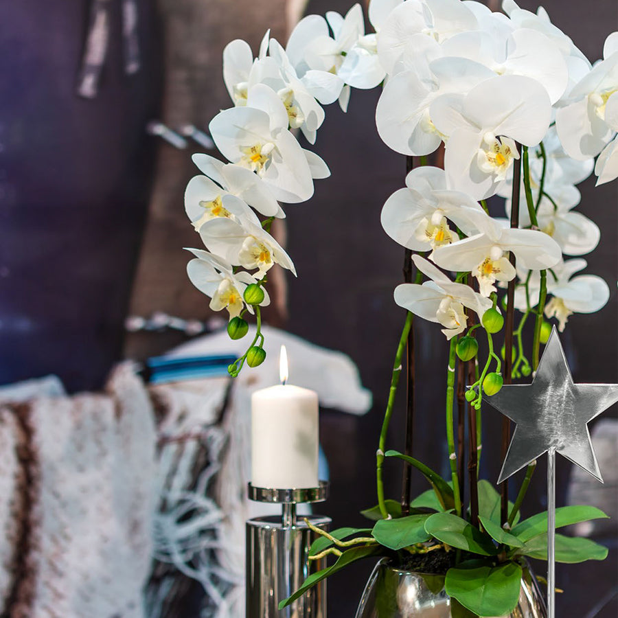 Fehér mű orchidea elegáns belső térben, gyertyával és díszcsillaggal.