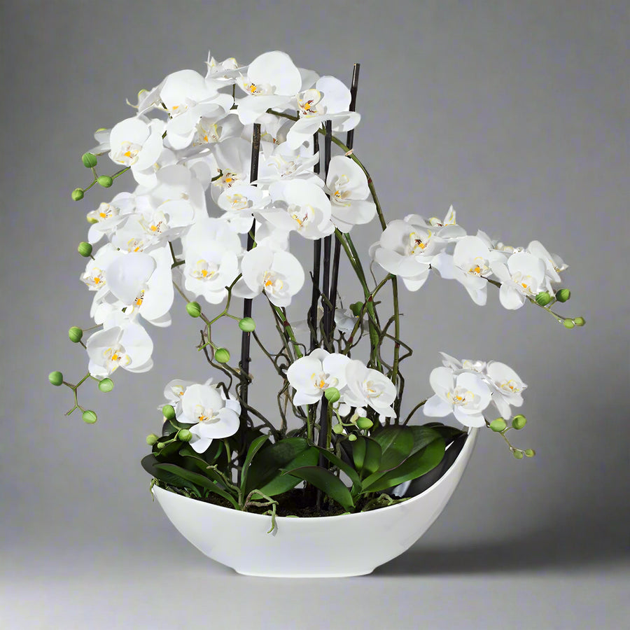 Dekoratív fehér mű orchidea kompozíció modern fehér kerámia tálban
