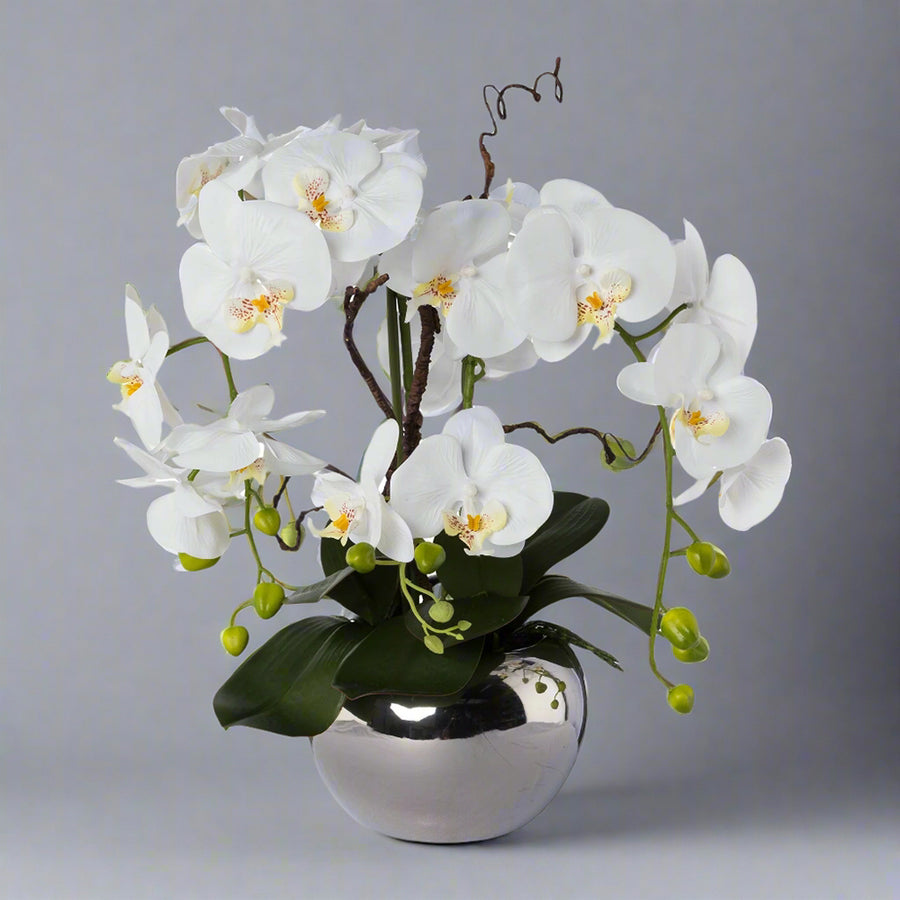 Fehér színű, mű orchidea, ezüstszínű kerámia kaspóban.