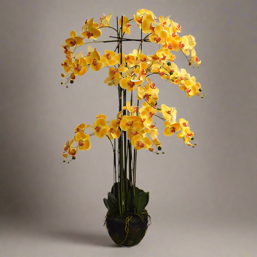 Látványos 150 cm-es sárga orchidea műnövény belső terekbe