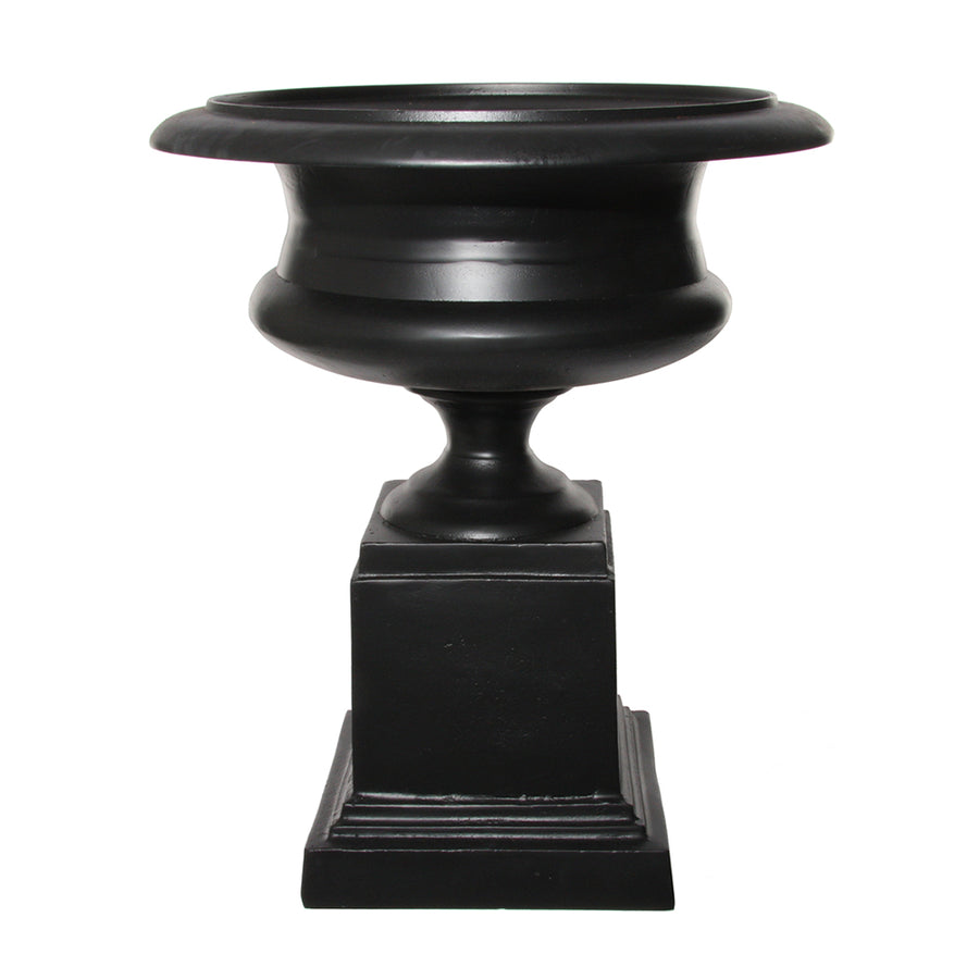 Fémből készült,, fekete színű óriás kaspó-váza.