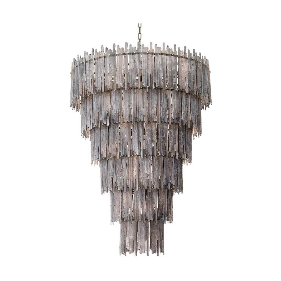 Füstüvegből és sárgaréz színű szálcsiszolt fémből készült, óriás kézműves dizájn csillár.