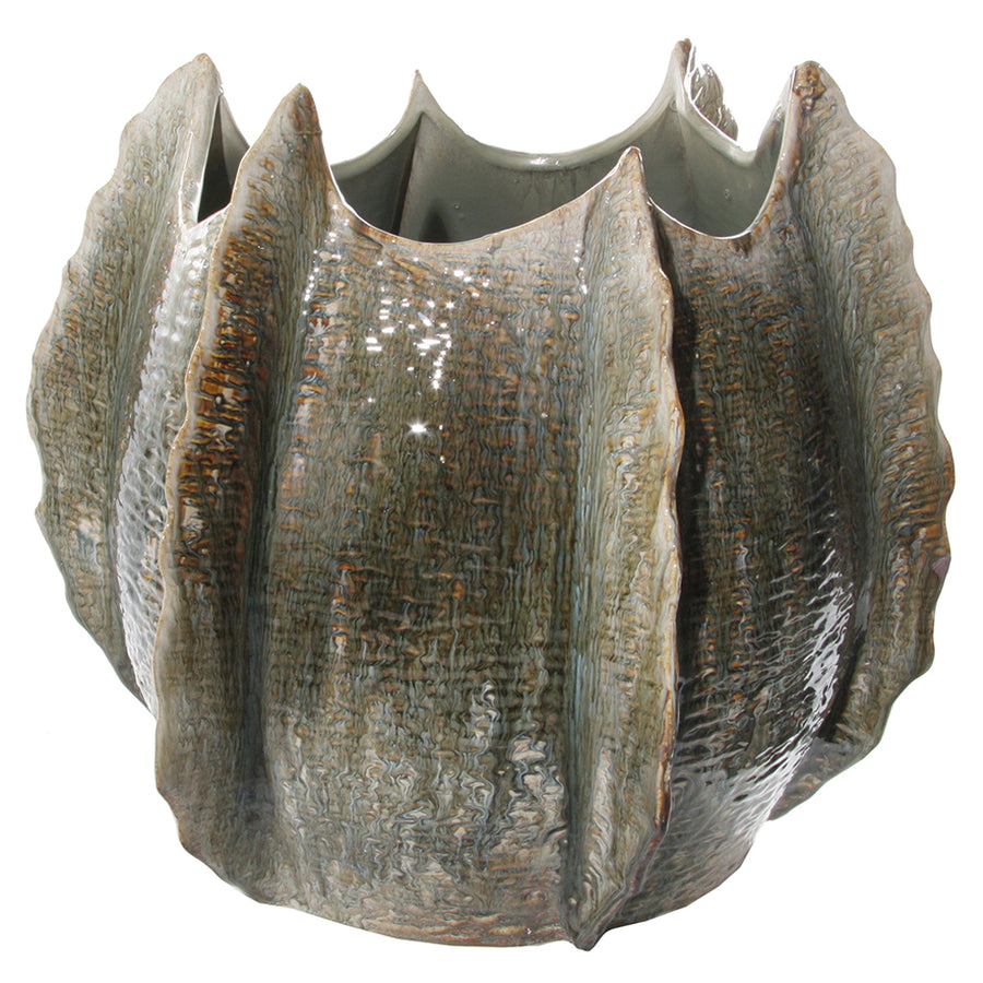 Modern, kortárs stílusú, barnászöld színárnyalatú, mázas kerámia váza..