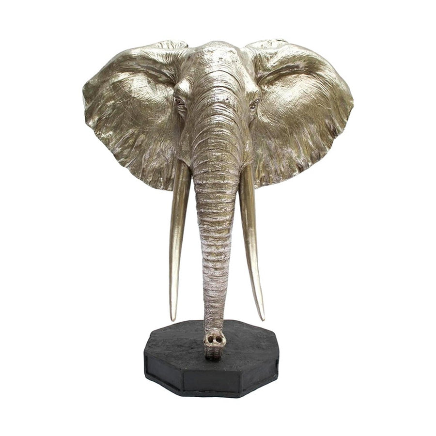 Ezüstszínű elefánt figura, fekete talapzaton..