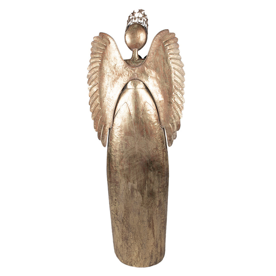 Hatalmas méretű, fémből készült, aranyszínű, karácsonyi angyal figura.